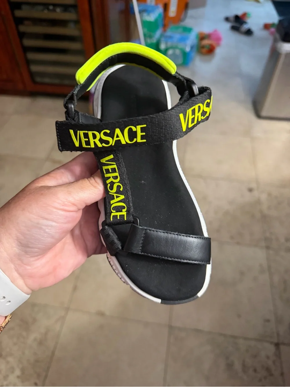 Versace Kids Black and Neon Yellow Logo Sport Sandals
